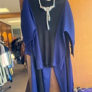 Blue and Black Pleated Top and Pants Set